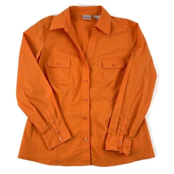 Chicos Womens Button Front Shirt Orange Pockets 1 - Picture 1 of 9